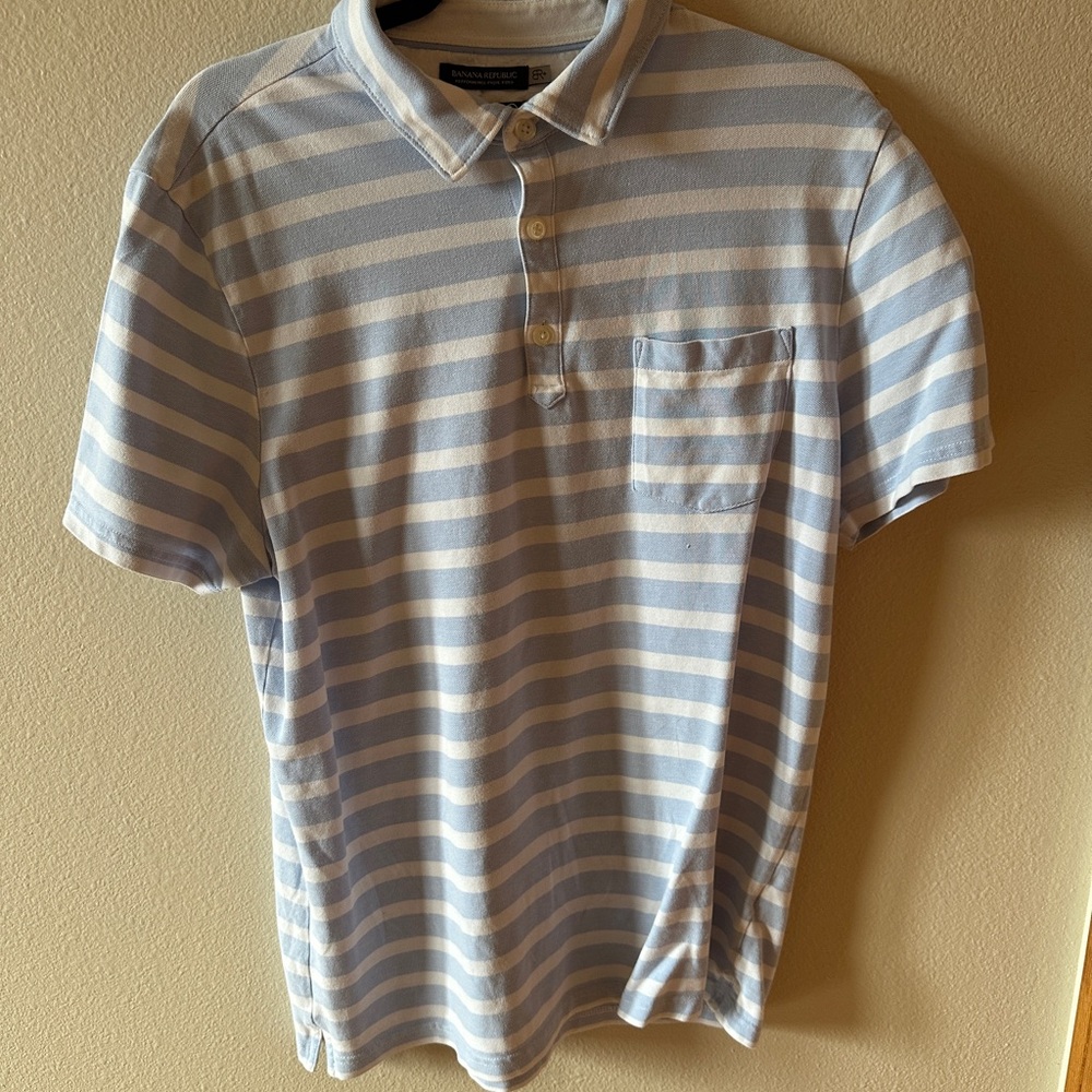 Banana Republic Light Blue and White Striped Polo